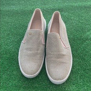 Michael Kors Womens Slip-On Sneakers Beige Gold Knit Casual Comfort Shoes H-18